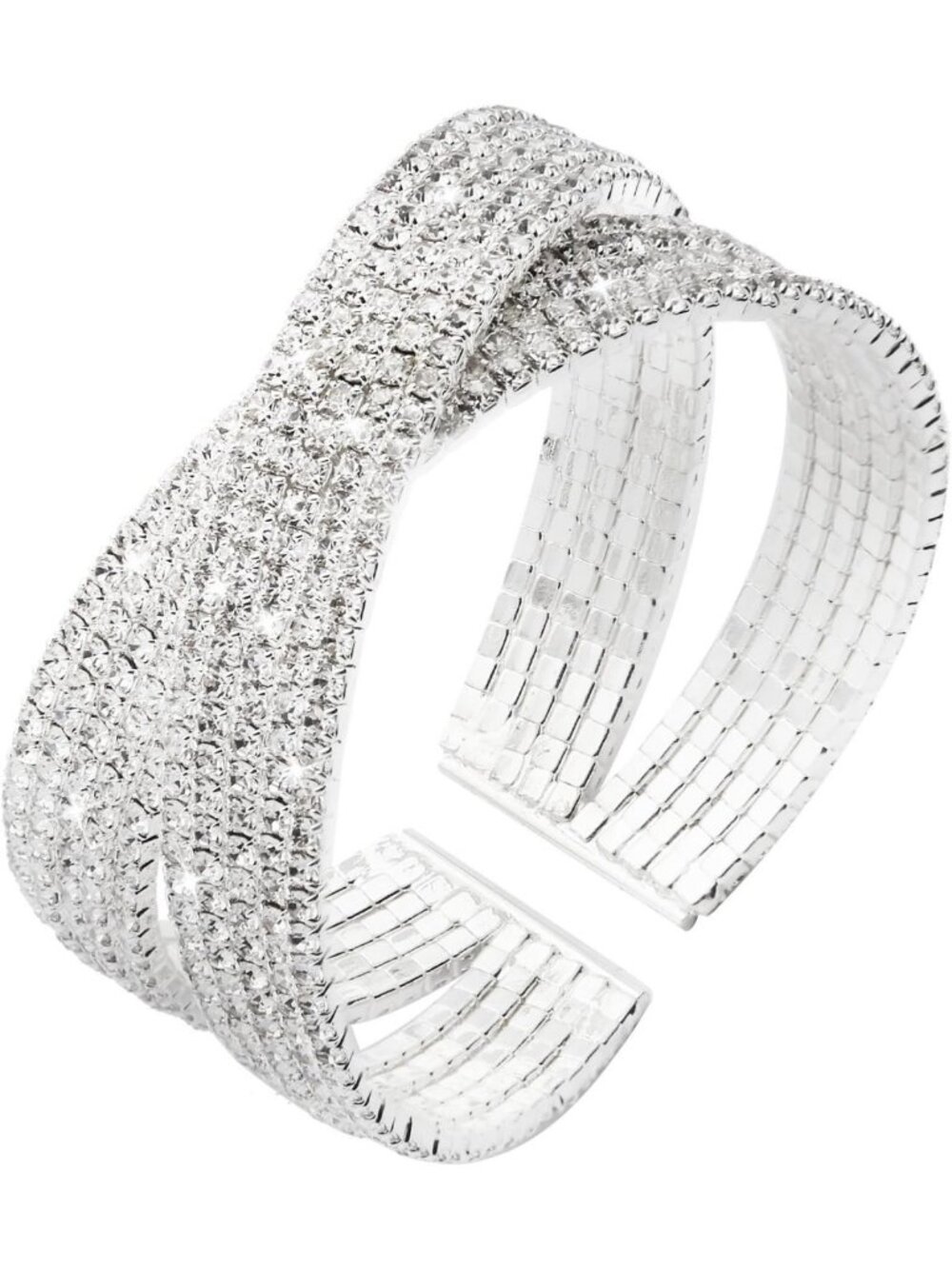 Glamorous Silver Rhinestone Multilayer Cuff Bracelet - Crystal Bridal Jewelry